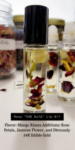 All Natural Lip Gloss Oil - 24 K Edible Gold - Roses & Jasmine Flowers - Seasonal Collection